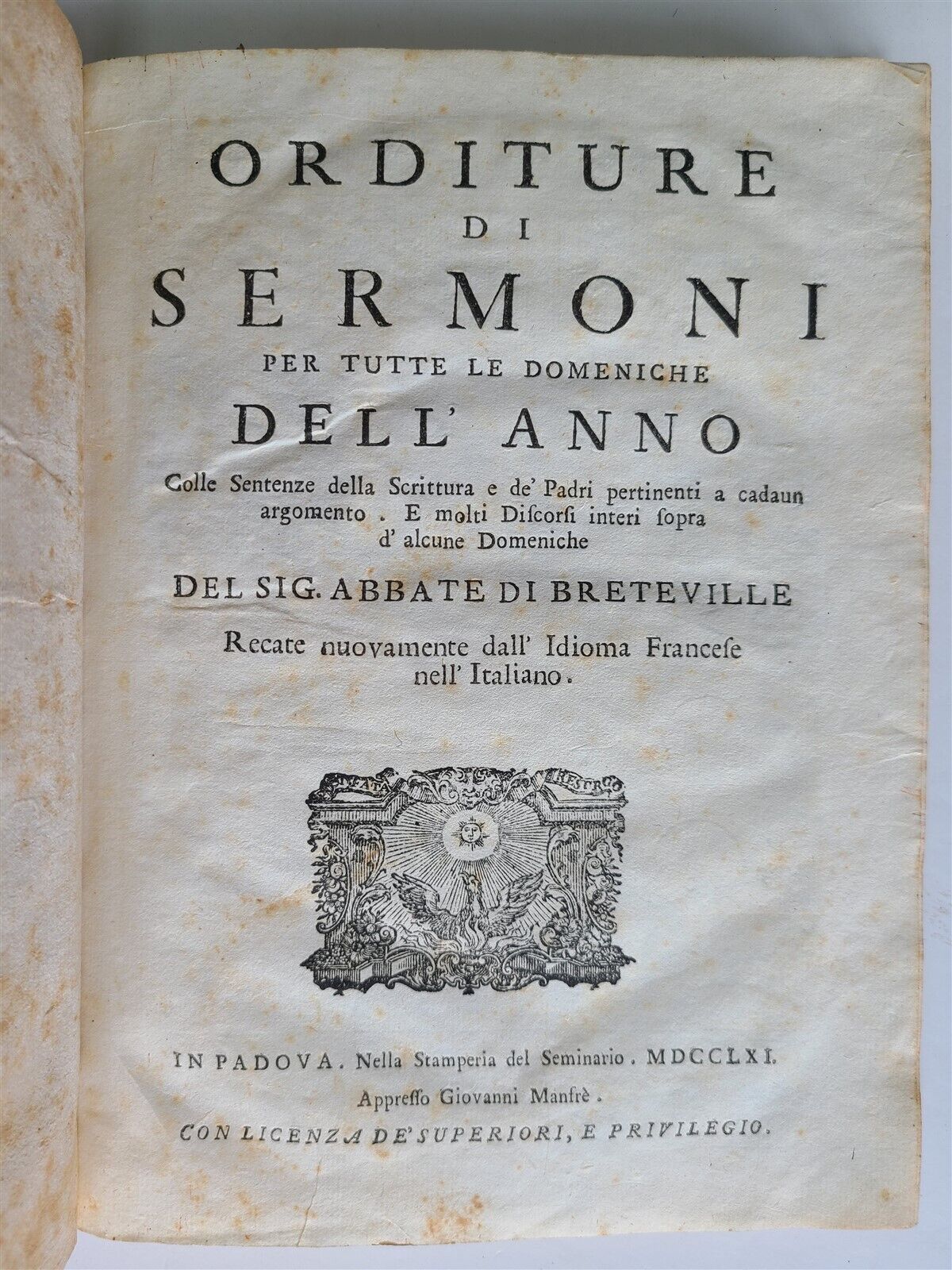 1761 SERMONS by Sig. Abbate di Breteville in ITALIAN antique VELLUM BINDING