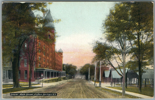 CLIFTON SPRINGS NY LOWER MAIN STREET ANTIQUE POSTCARD