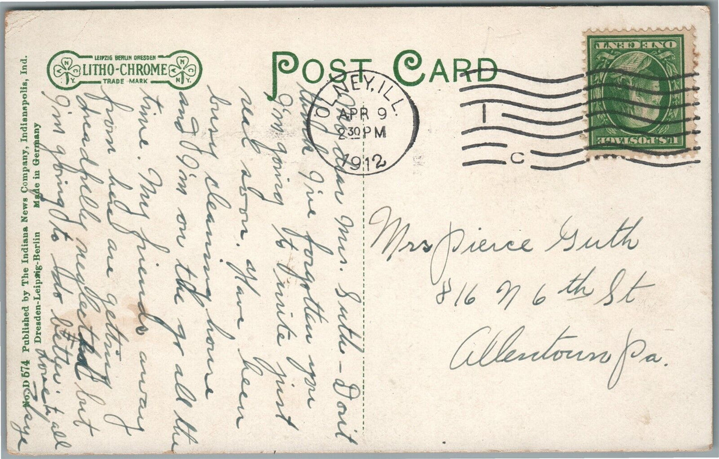 OLNEY IL SOUTH ELLIOTT STREET ANTIQUE POSTCARD