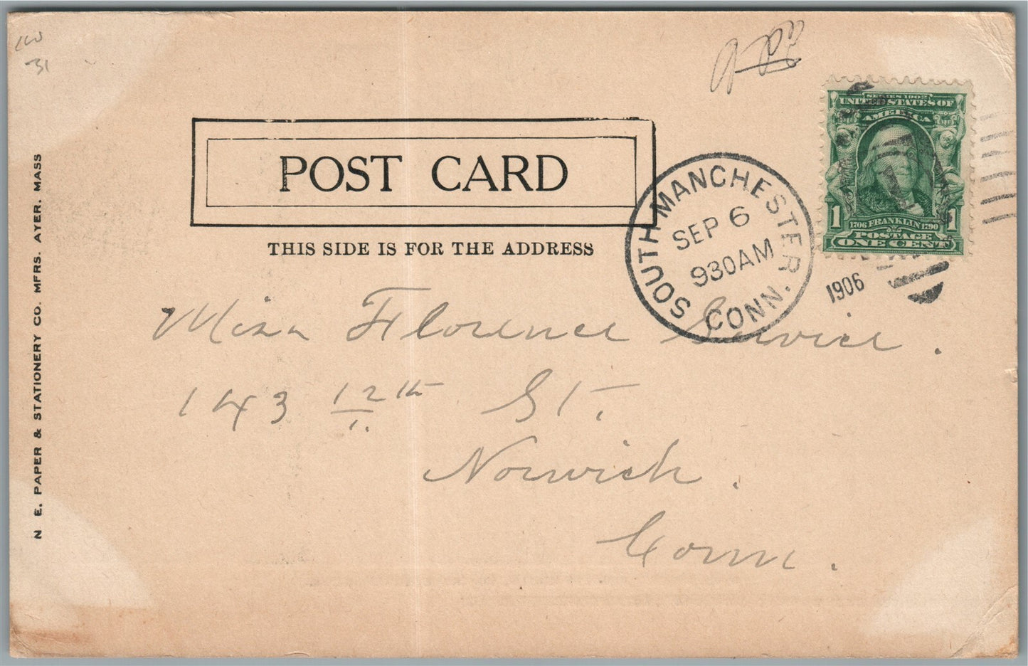 MANCHESTER CT MAIN STREET ANTIQUE POSTCARD