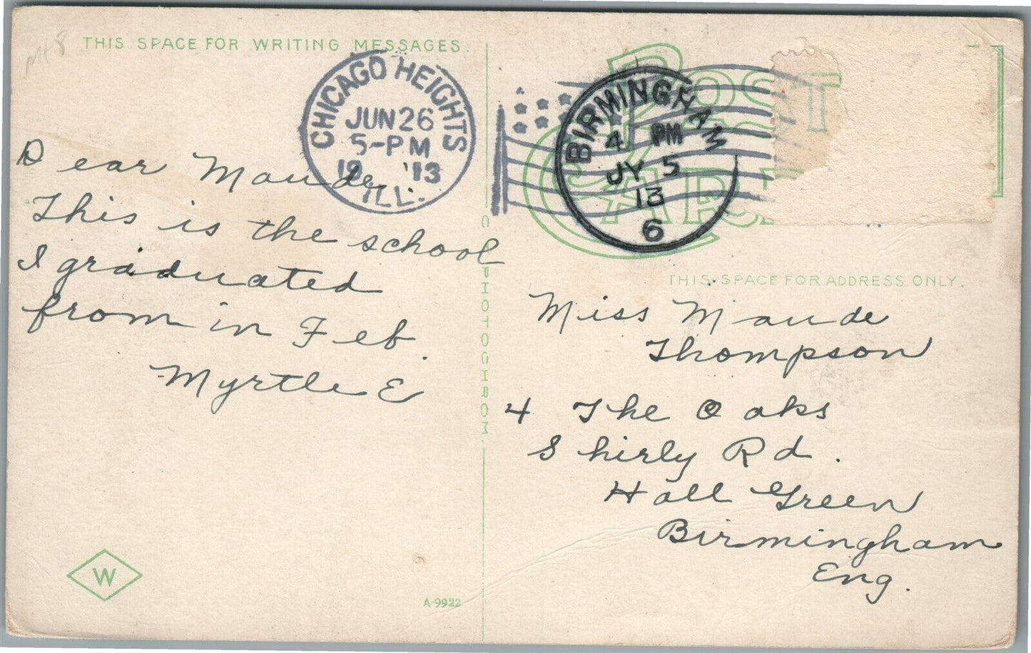 CHICAGO HEIGHT IL WASHINGTON SCHOOL ANTIQUE POSTCARD