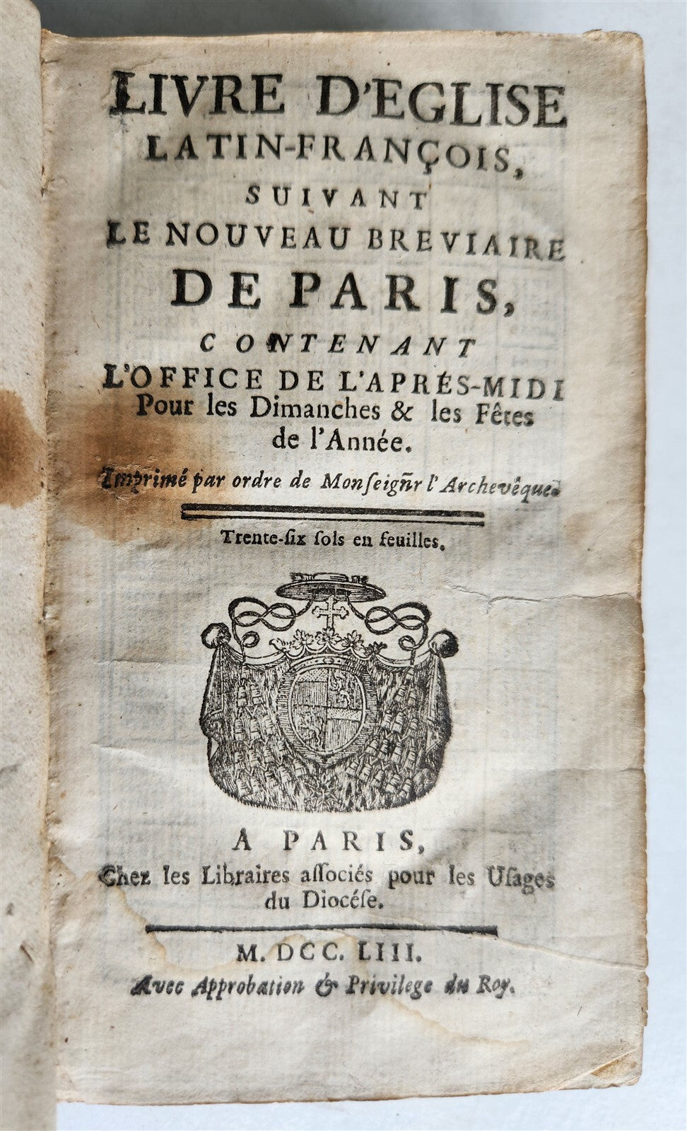 1753 BREVIARY in FRENCH & LATIN antique DECORATIVE MOROCCO BINDING