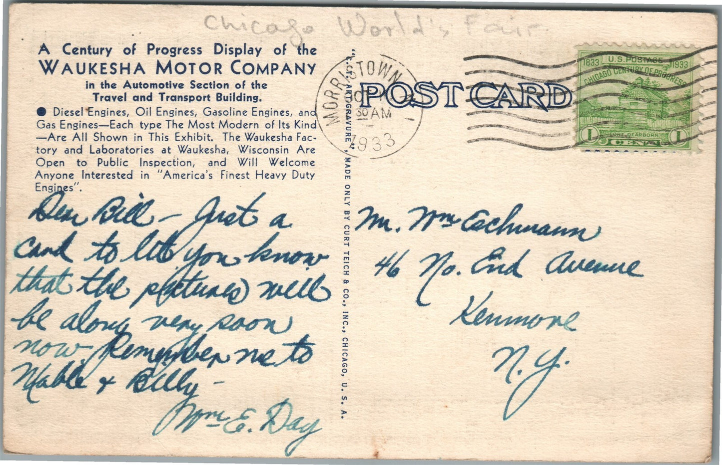 CHICAGO IL WORLD'S FAIR WAUKESHA MOTOR COMPANY ANTIQUE POSTCARD