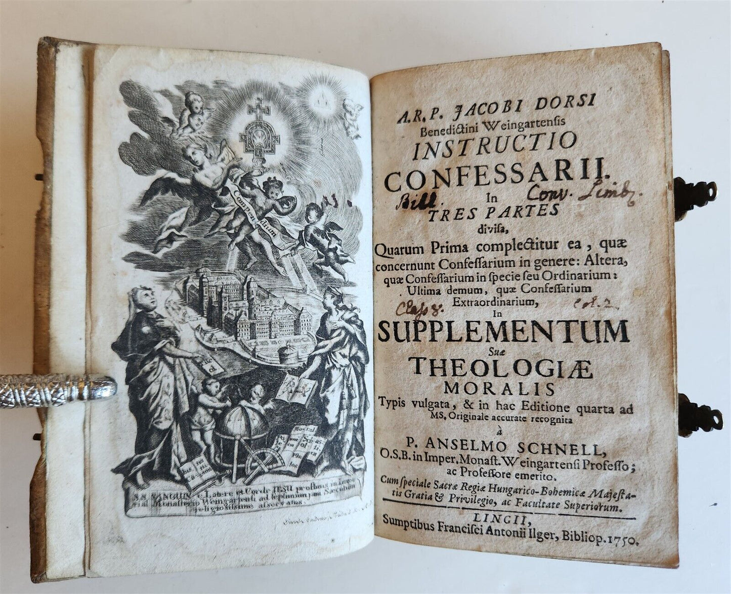 1750 INSTUCTIO CONFESSARII antique HAND TOOLED PIGSKIN BINDING w/CLASPS Theology