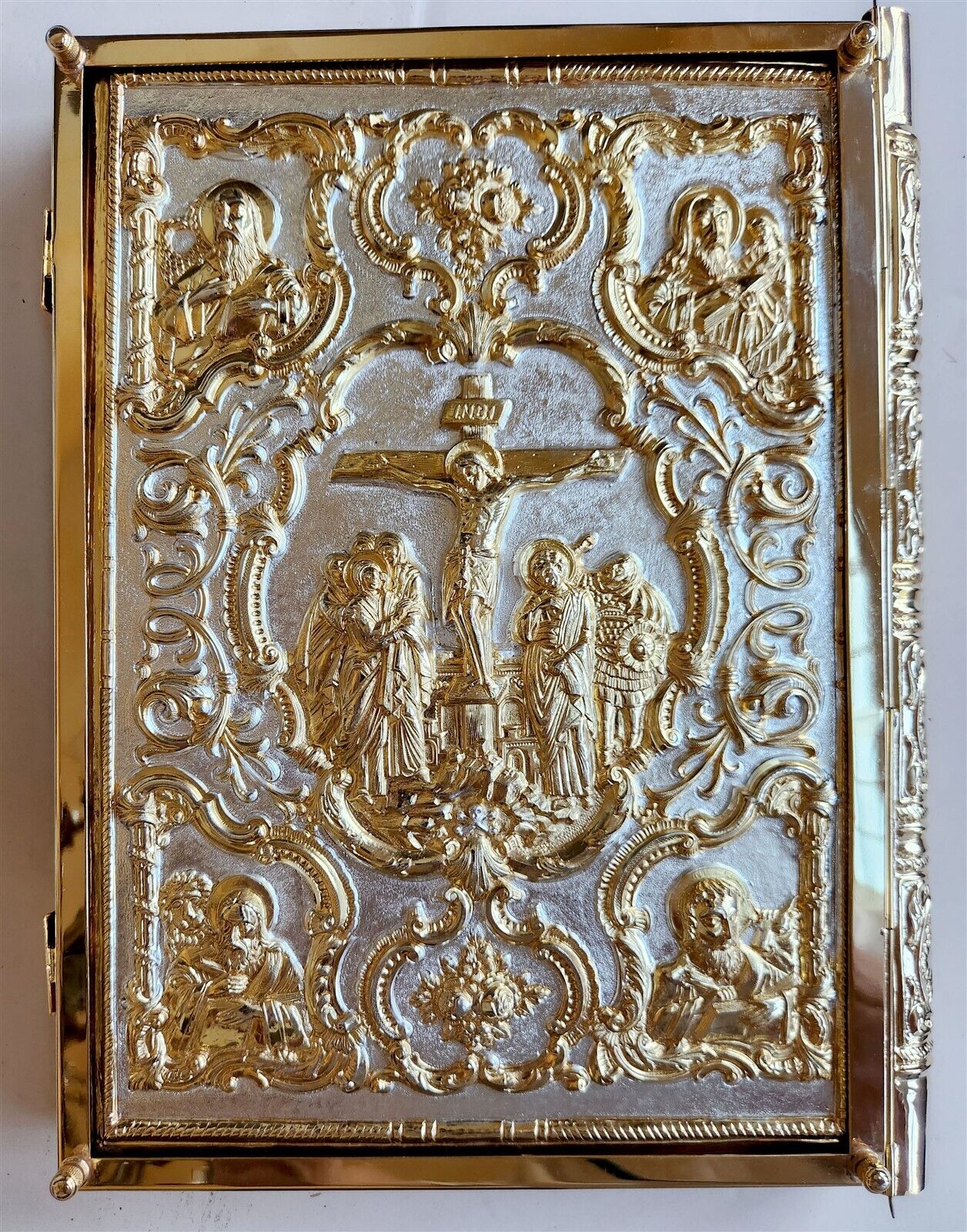 GREEK RUSSIAN ORTHODOX CHURCH GOSPEL GILT BRASS COVERS folio VINTAGE Bible