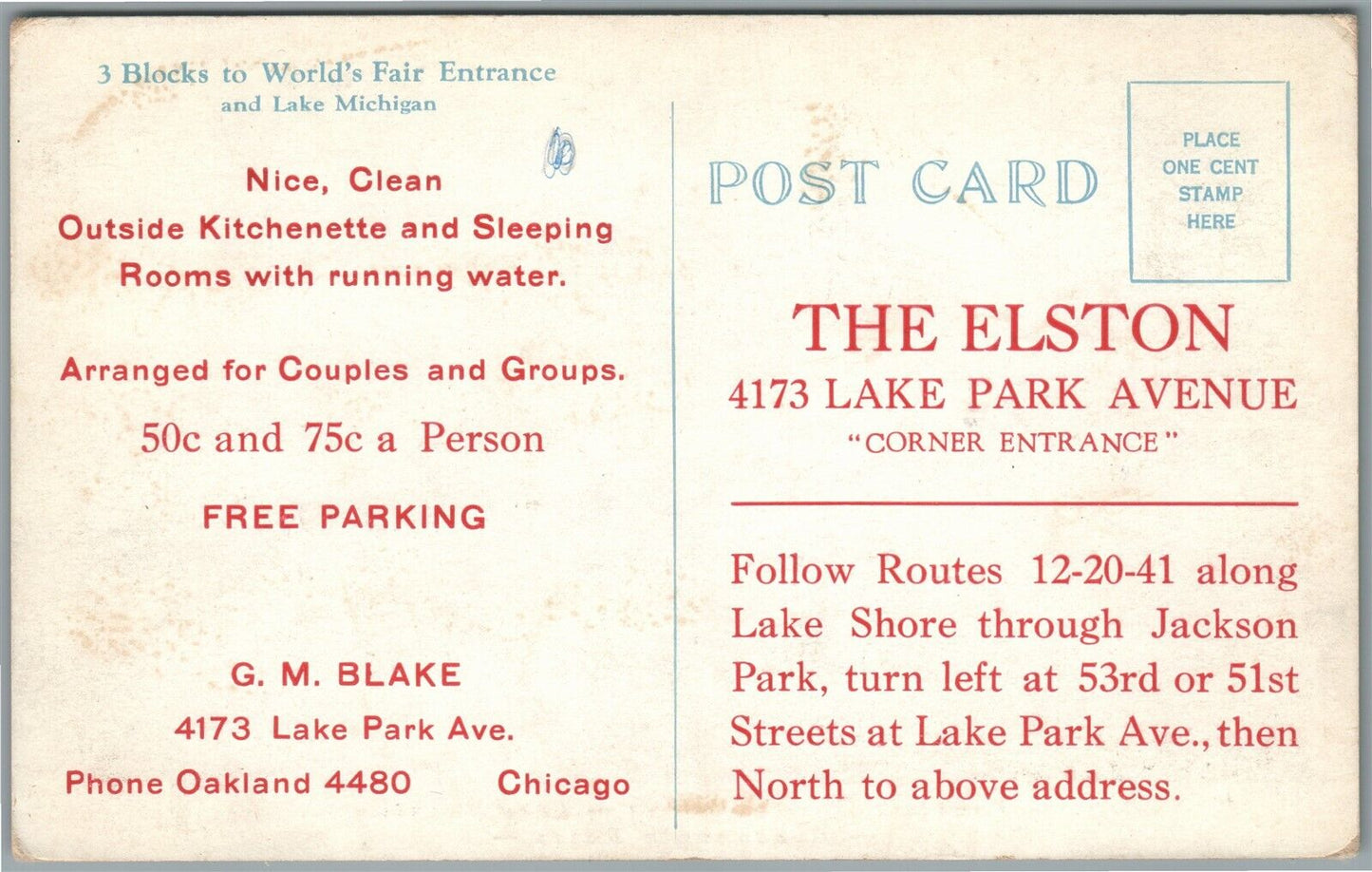 CHICAGO IL LAKE PARK & 42nd PLACE ADVERTISING ANTIQUE POSTCARD