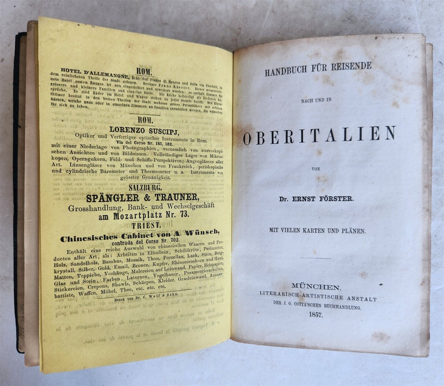 1857 ITALIAN TRAVELLER'S BOOK by Dr.FORSTER in GERMAN antique ILLUSTRATED w/MAPS