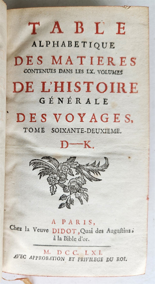 1761 HISTOIRE des VOYAGES antique vol.62 ALPHABETICAL INDEX D - K