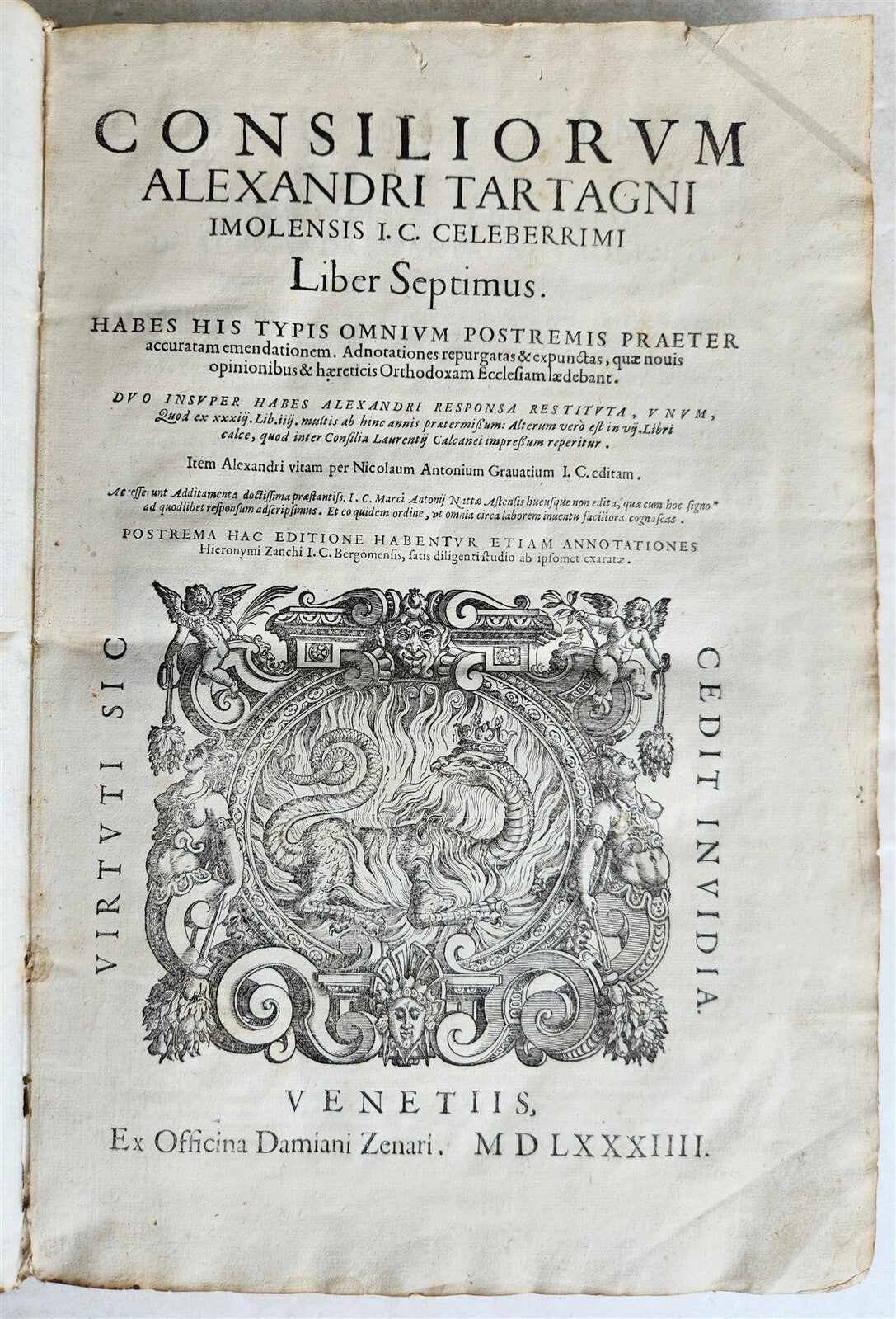 1584 LAW BOOK by Alessandro Tartagni antique VELLUM FOLIO w/ MANUSCRIPT TITLE