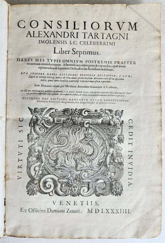 1584 LAW BOOK by Alessandro Tartagni antique VELLUM FOLIO w/ MANUSCRIPT TITLE