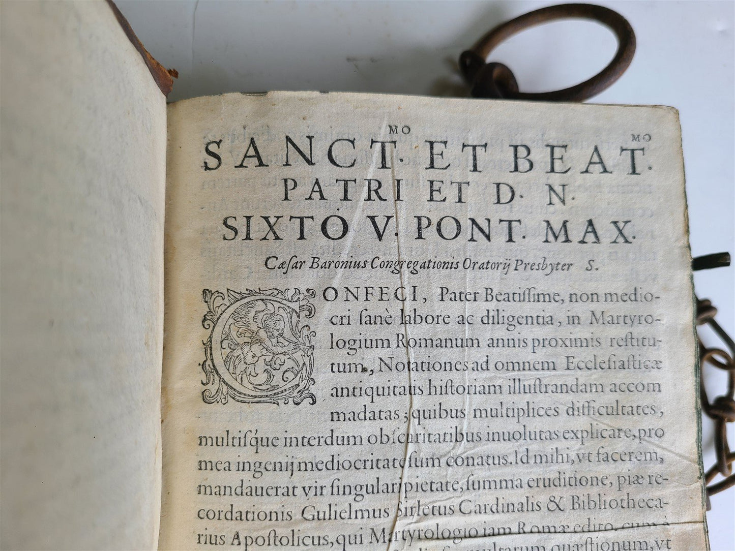 RARE 1597 CHAINED LIBRARY BOOK BLIND TOOLED PIGSKIN FOLIO antique Martyrologium