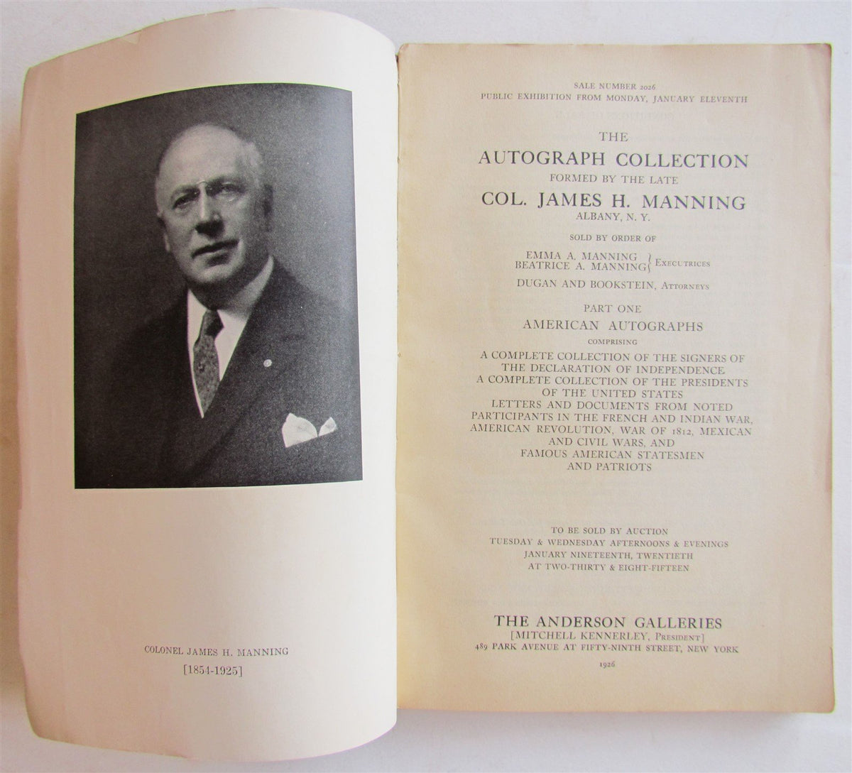 1926 AUTOGRAPH COLLECTION of COL. JAMES H. MANNING ANDERSON GALLERIES CATALOG