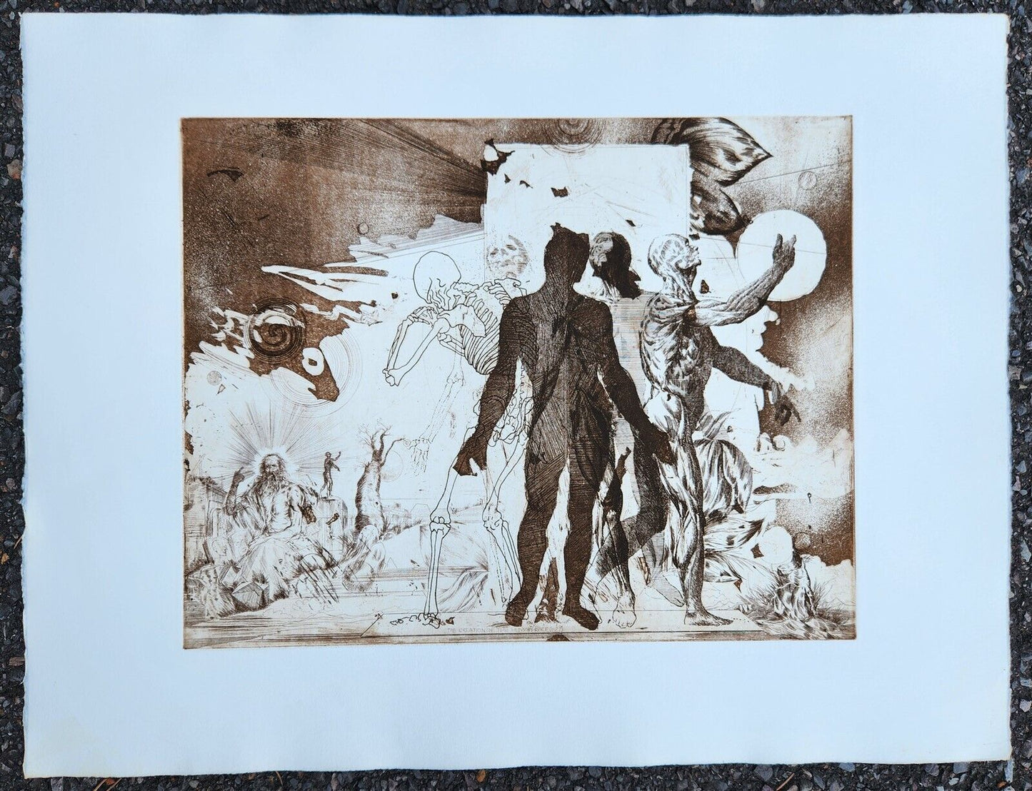 THE CREATION OF THE HUMAN RACE surreal PRINT vintage w/ SKELETON