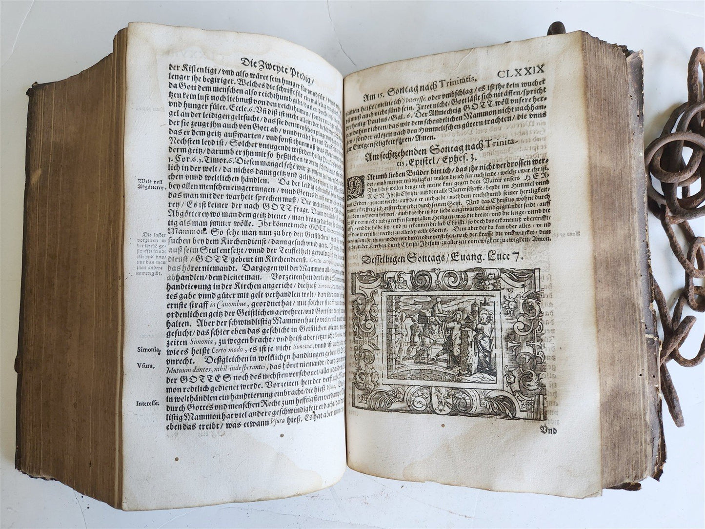 RARE 1587 CHAINED LIBRARY BOOK PIGSKIN BOUND FOLIO antique ILLUSTRATED SERMONS