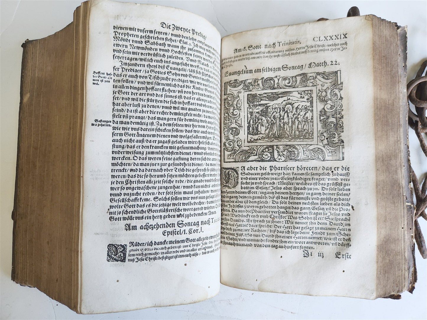 RARE 1587 CHAINED LIBRARY BOOK PIGSKIN BOUND FOLIO antique ILLUSTRATED SERMONS