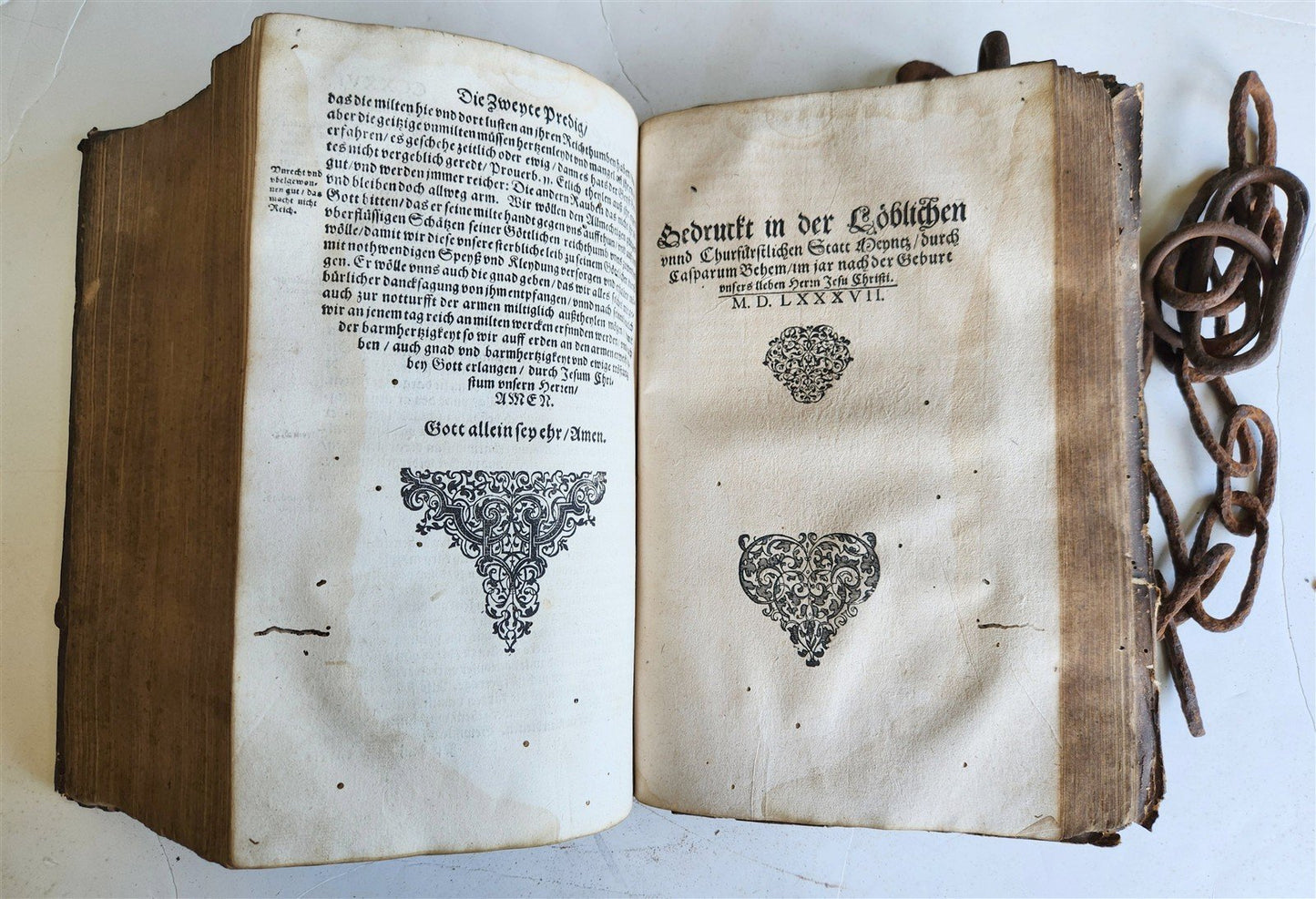 RARE 1587 CHAINED LIBRARY BOOK PIGSKIN BOUND FOLIO antique ILLUSTRATED SERMONS