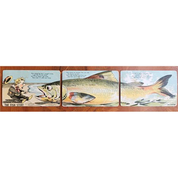 INSTALLMENT POSTCARD PUZZLE SET of 3 ANTIQUE CARDS FISH STORY fishing