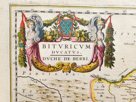 1640 MAP of FRANCE DUCHY of BERRY by WILLEM BLAEU antique AUTHENTIC hand colored