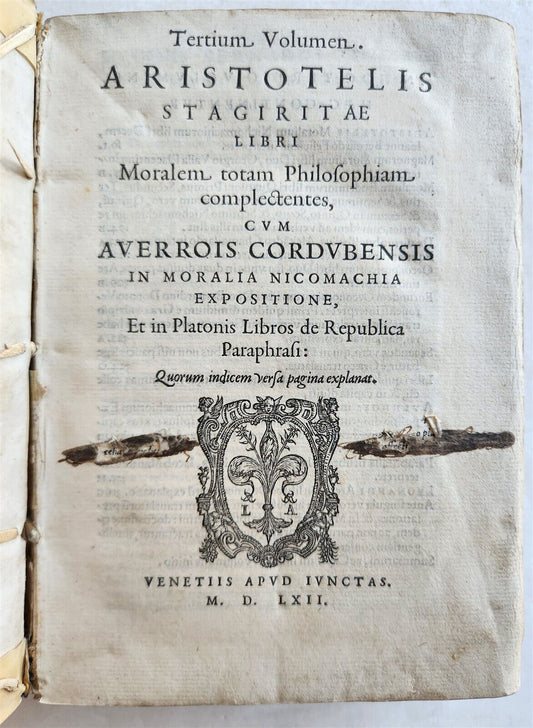 1562 ARISTOTLE STAGIRITAE COMMENTARIES by IBN RUSHD antique 16 century VELLUM