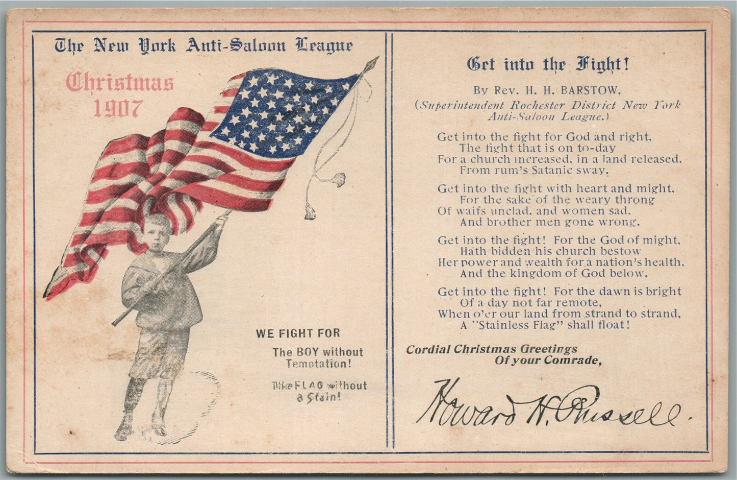 1907 NEW YORK ANTI-SALOON LEAGUE CHRISTMAS 1907 ANTIQUE POSTCARD