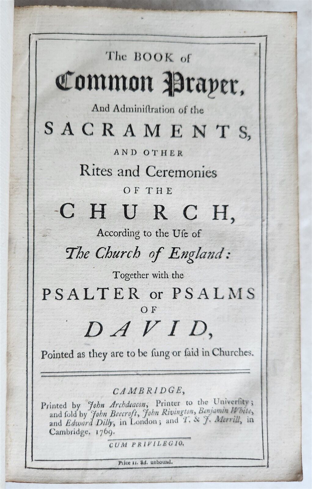 1769 BOOK of COMMON PRAYER w/ PSALTER in ENGLISH antique