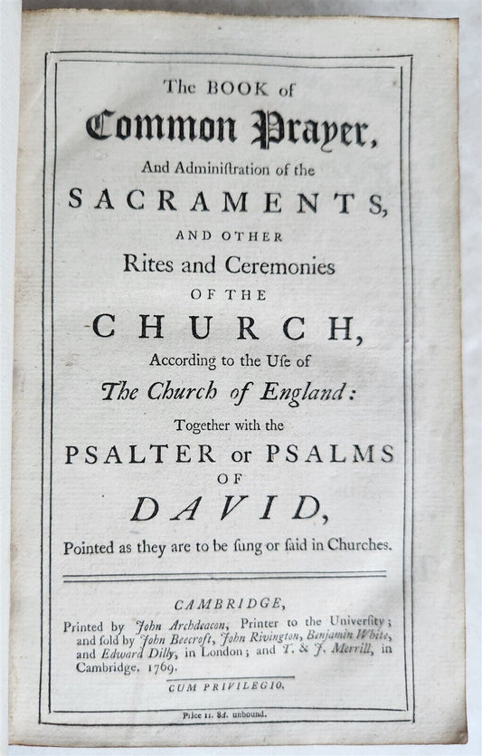 1769 BOOK of COMMON PRAYER w/ PSALTER in ENGLISH antique