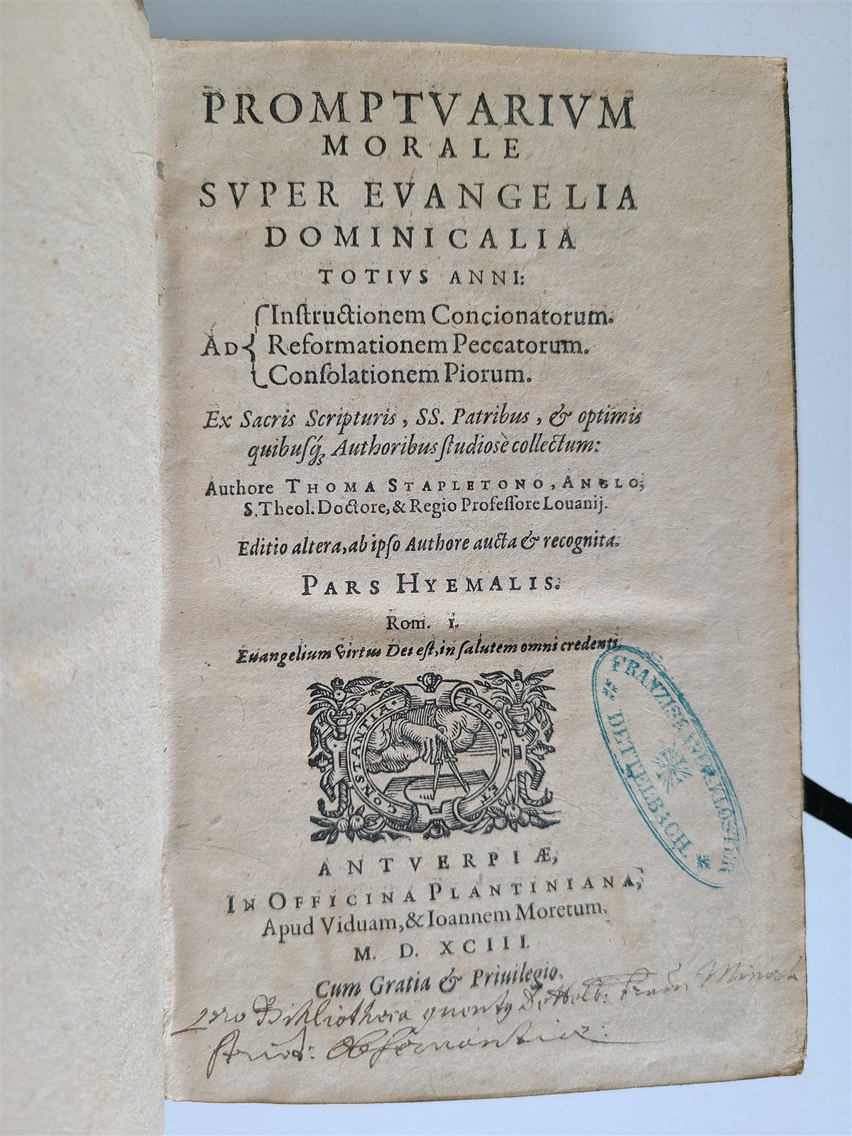 1593 EXEGETICAL WORKS by T. STAPLETON antique 16th CENTURY PLANTIN PIGSKIN BOUND