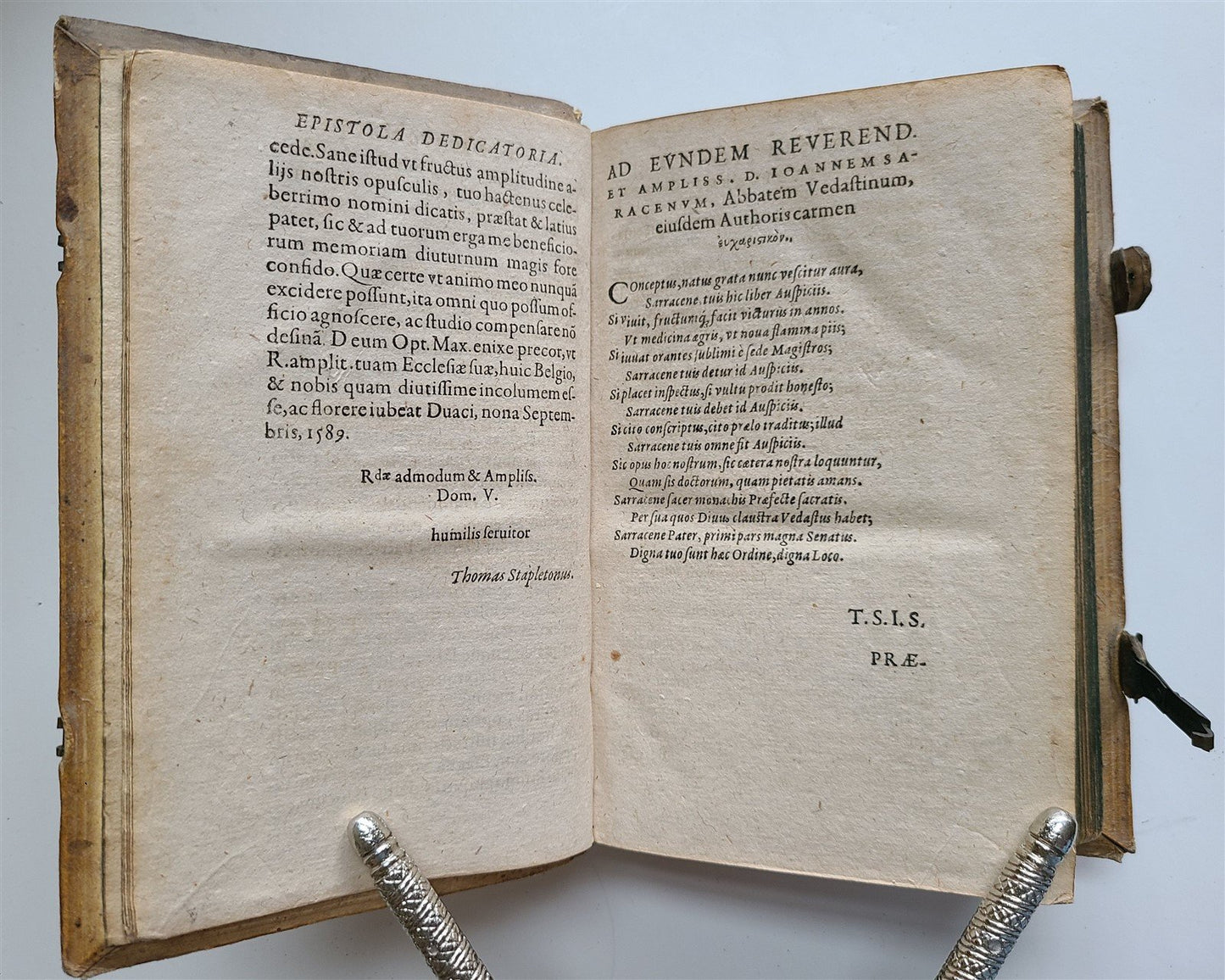1593 EXEGETICAL WORKS by T. STAPLETON antique 16th CENTURY PLANTIN PIGSKIN BOUND