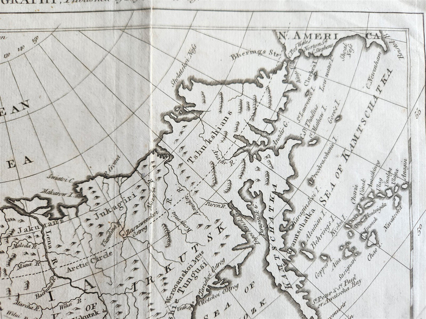 1785 RUSSIAN EMPIRE Discoveries between Asia and North America antique MAP