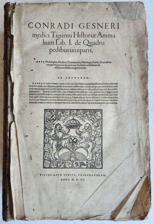 1551 HISTORIA ANIMALIUM by CONRAD GESSNER antique ILLUSTRATED 16th century FOLIO