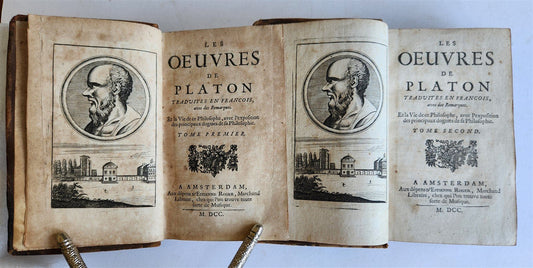 1700 WORKS of PLATO in FRENCH 2 VOLUMES antique