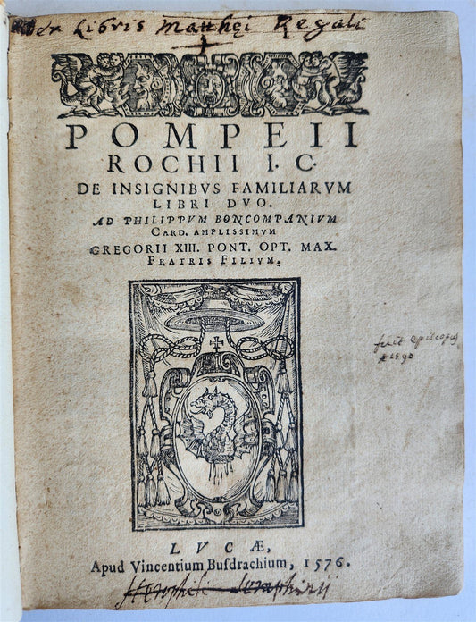 1576 POMPEO ROCCHI - COATS OF ARMS NOBILITY LAW antique De insignibus familiarum