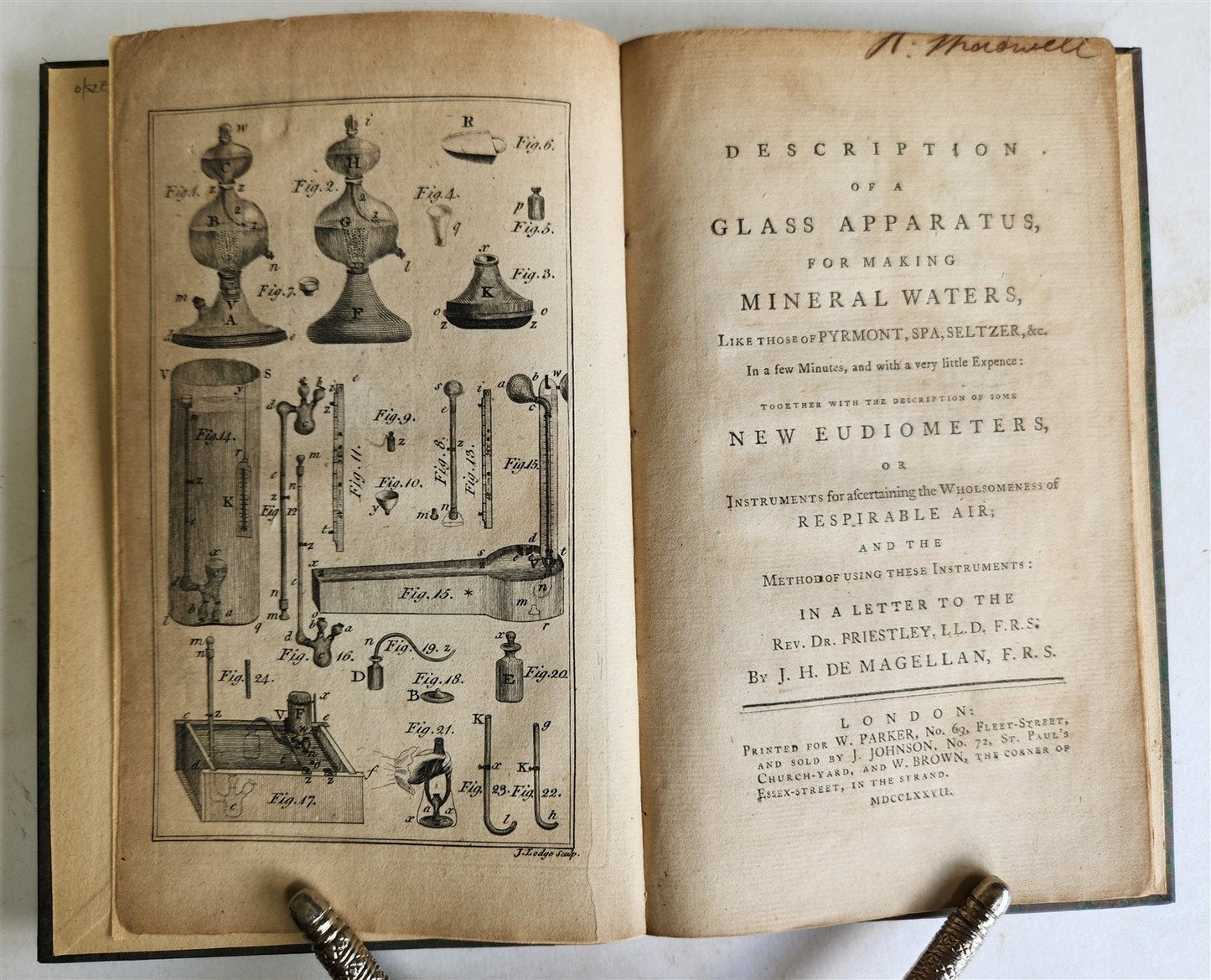 1777 DESCRIPTION of a GLASS APPARATUS for MAKING MINERAL WATER antique RARE