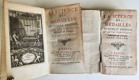 1739 LA SCIENCE des MEDAILLES antique 2 ILLUSTRATED VOLUMES VELLUM BOUND