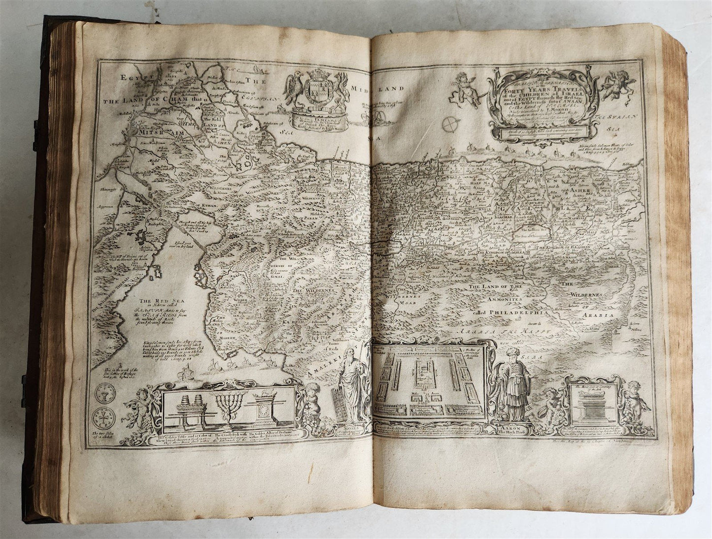 1715 BIBLE in ENGLISH antique ILLUSTRATED w/6 MAPS PIGSKIN FOLIO w/METAL CORNERS