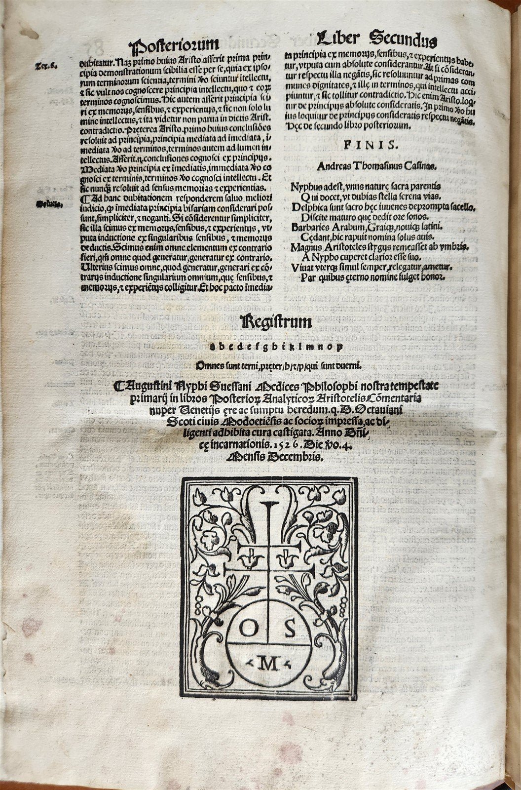 1526 POST-INCUNABULA ARISTOTLE & A.NIFO antique Posterior Analytics Commentary
