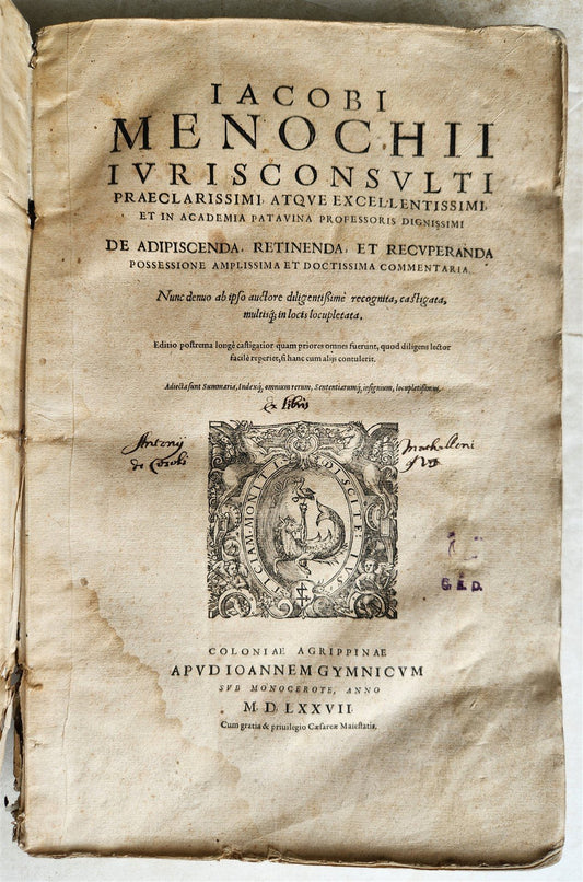 1577 LAW BOOK by Jacobus MENOCHIUS antique VELLUM BOUND FOLIO 16th CENTURY