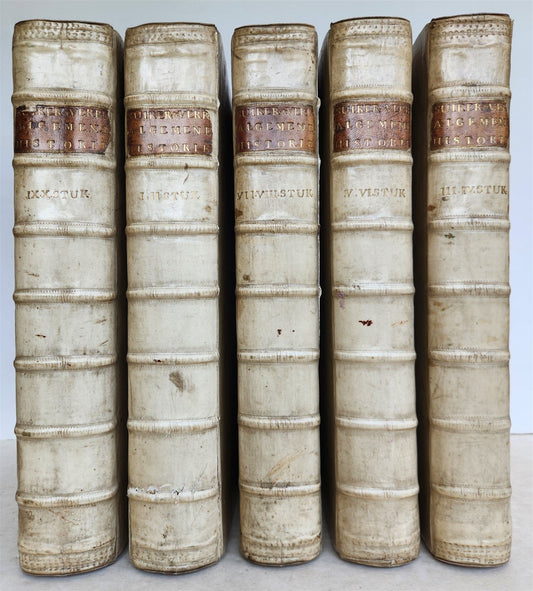 1721-1728 HISTORY OF THE WORLD ILLUSTRATED 5 FOLIO VOLUMES w/MAPS antique VELLUM