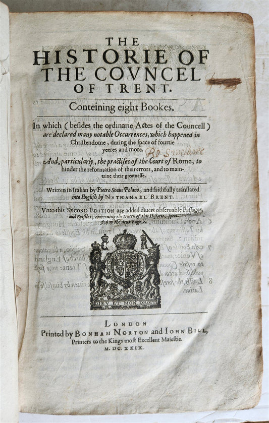 1629 HISTORIE of COUNCIL of TRENT in ENGLISH by N. BRENT FOLIO antique