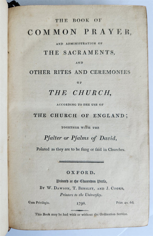 1798 BOOK of COMMON PRAYER w/ PSALTER antique in ENGLISH