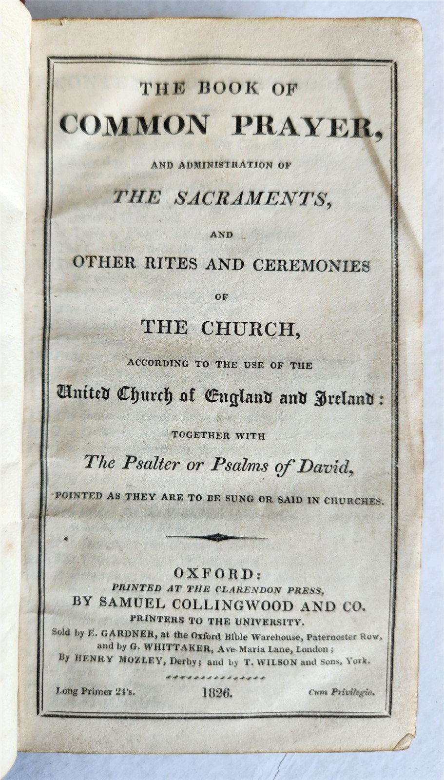 1826 BOOK of COMMON PRAYER w/ PSALTER, or PSALMS of DAVID antique in ENGLISH