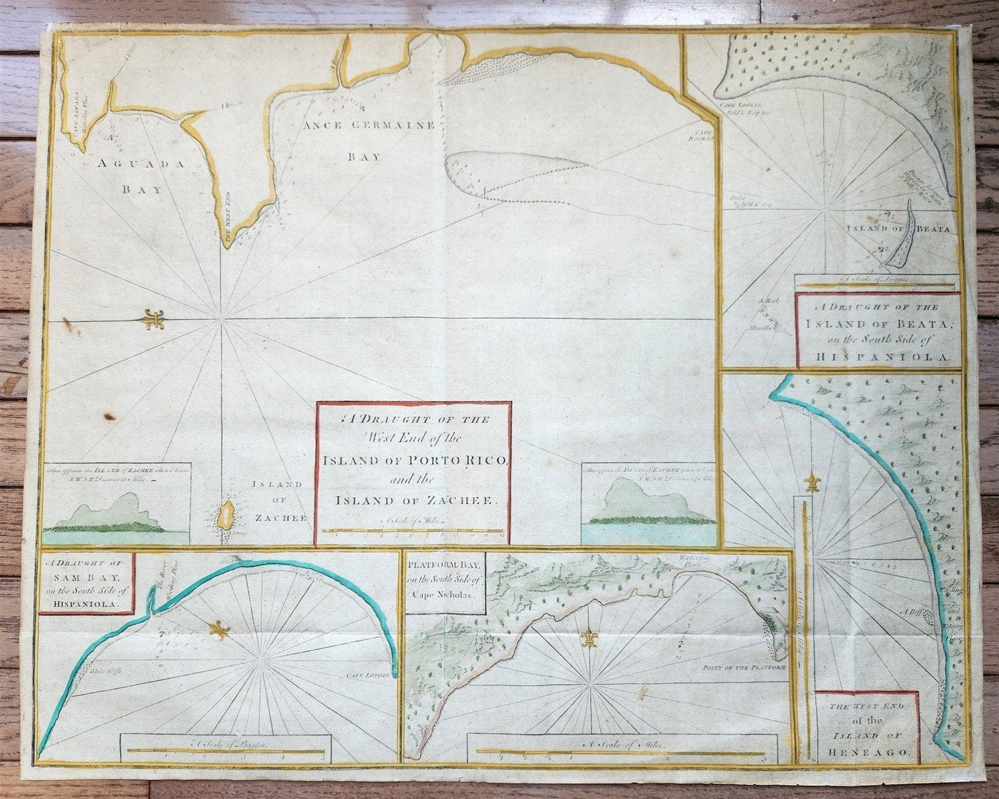 1750s MAP WEST END of the ISLE of PORTO RICO & ISLAND of ZACHEE antique 19x24"