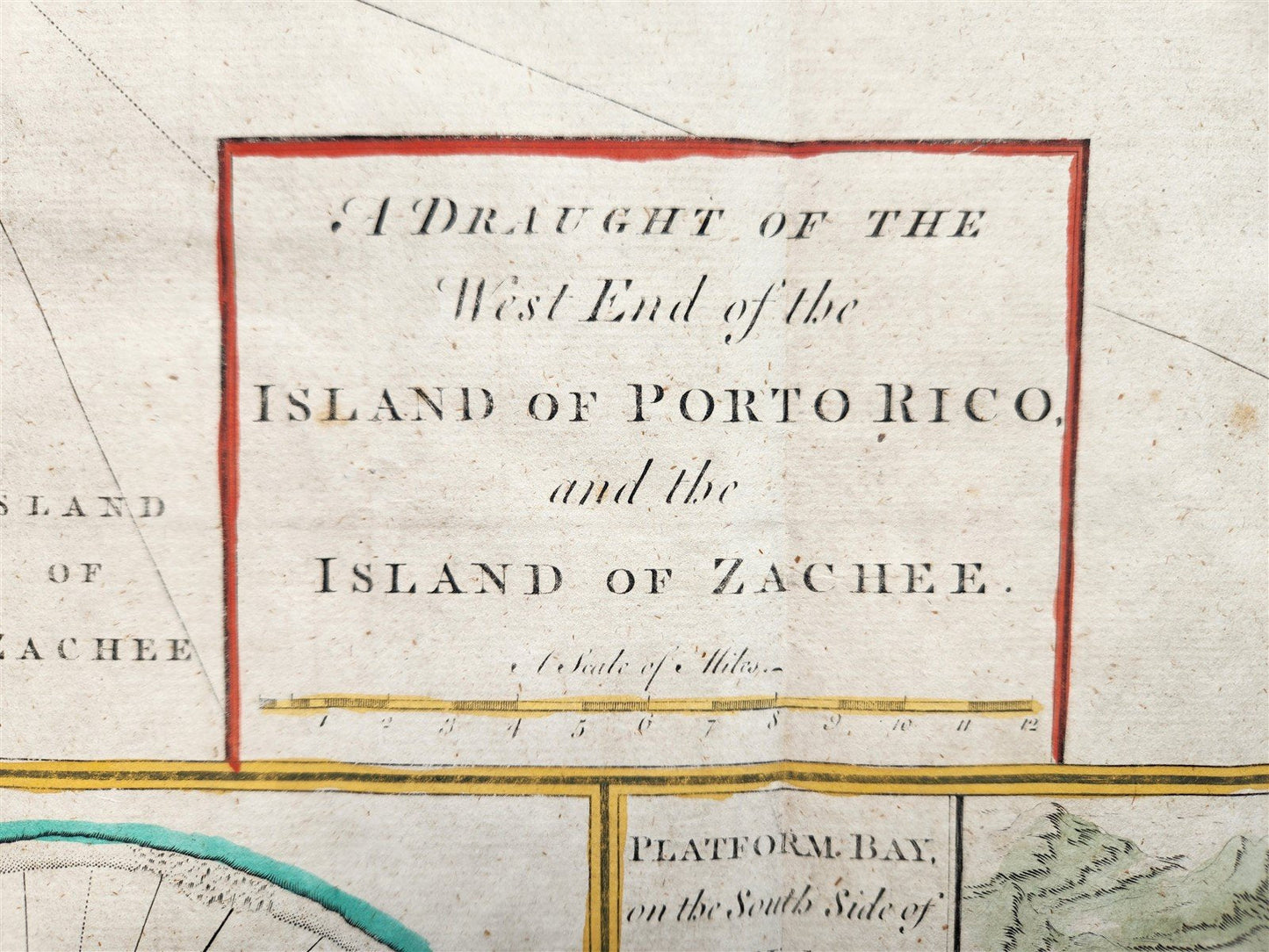 1750s MAP WEST END of the ISLE of PORTO RICO & ISLAND of ZACHEE antique 19x24"