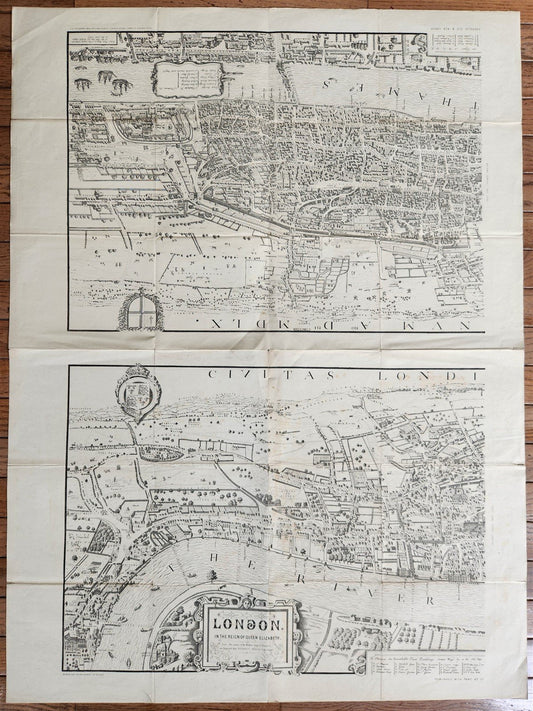 1860s MAP of LONDON in the REIGN of QUEEN ELIZABETH Old & New antique 30 by 40"