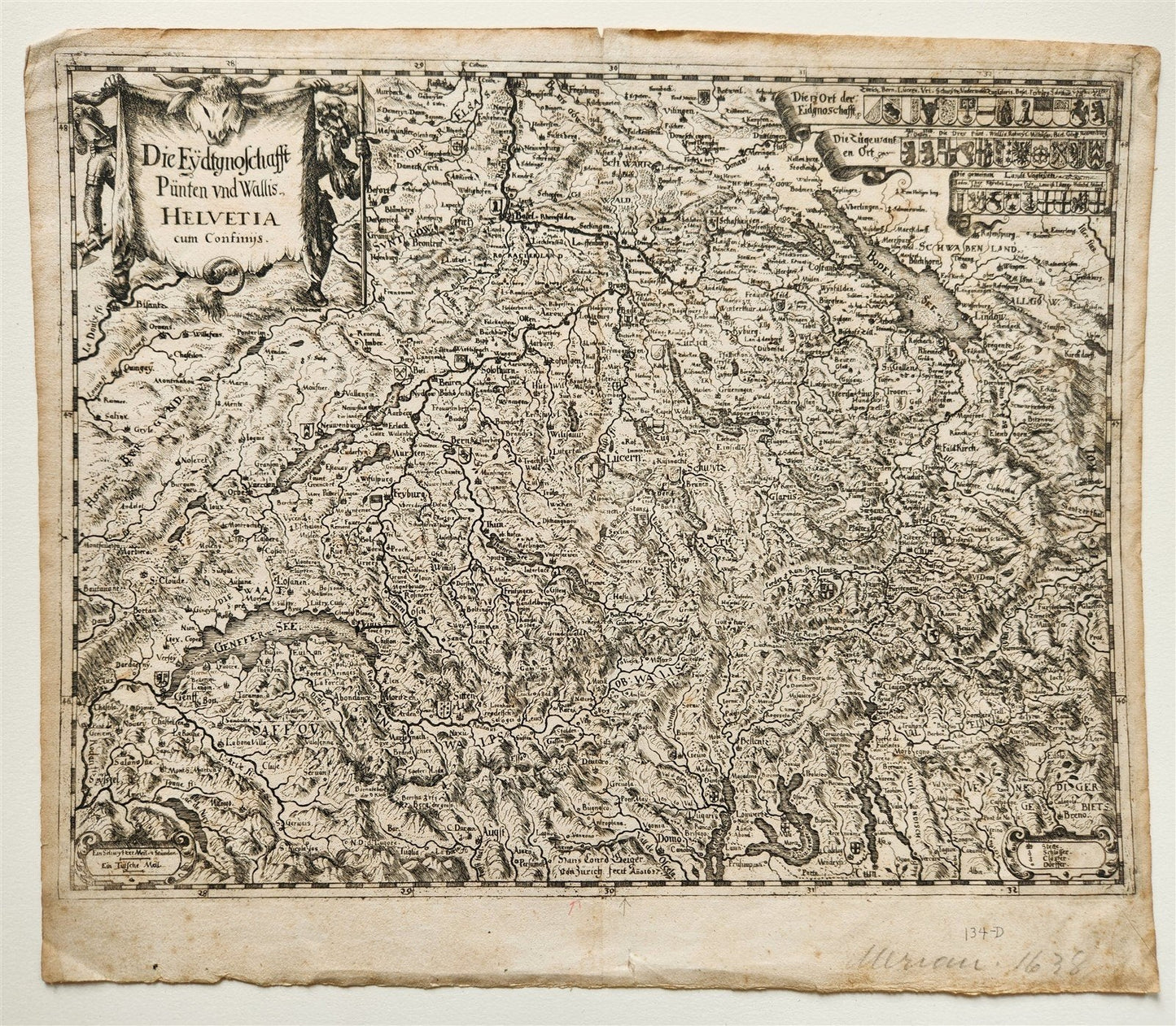 1630s MAP of SWITZERLAND antique Die Eydtgnoschafft Punten und Wallis Helvetia