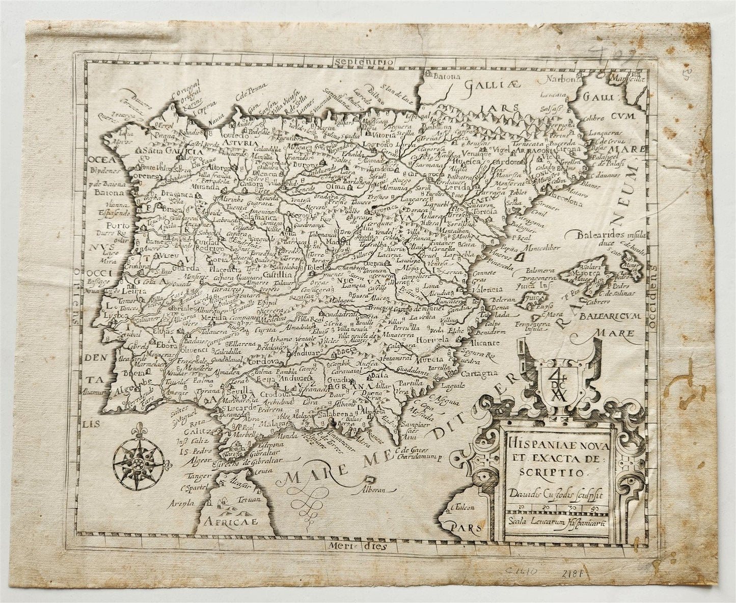 1627 MAP of SPAIN & PORTUGAL antique HISPANIAE NOVA ET EXACTA DESCRIPTIO