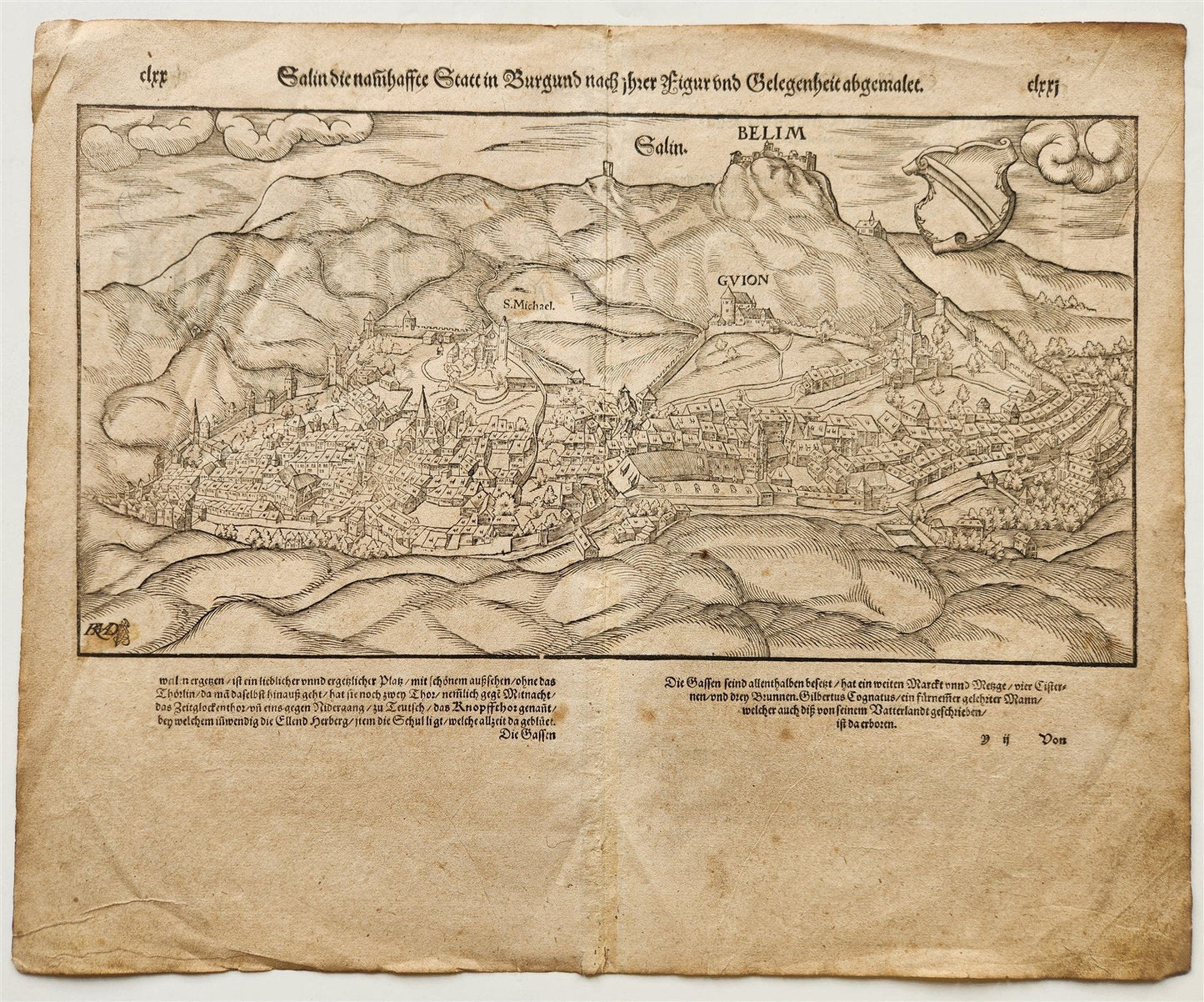 1572 BURGUNDY FRANCE MAP SALINS-LES-BAINS SEBASTIAN MUNSTER COSMOGRAPHY antique