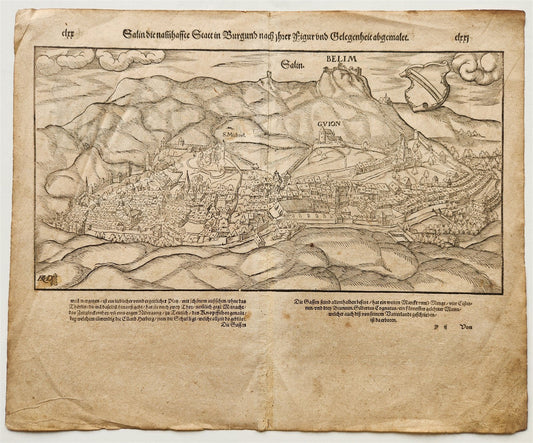 1572 BURGUNDY FRANCE MAP SALINS-LES-BAINS SEBASTIAN MUNSTER COSMOGRAPHY antique