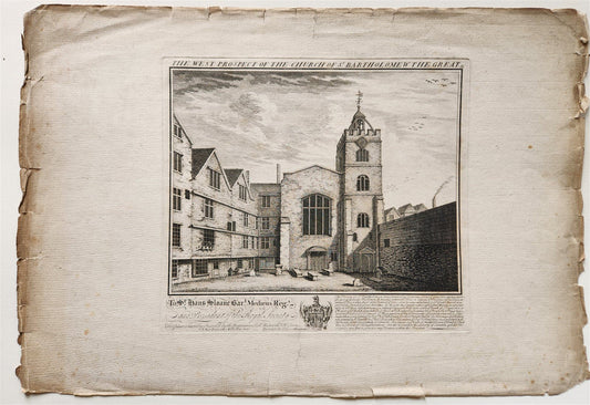 1730s ENGRAVING antique West Prospect of the Church of St Bartholomew the Great