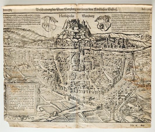 1572 WURZBURG GERMANY HERBIPOLIS MAP from SEBASTIEN MUNSTER COSMOGRAPHY antique